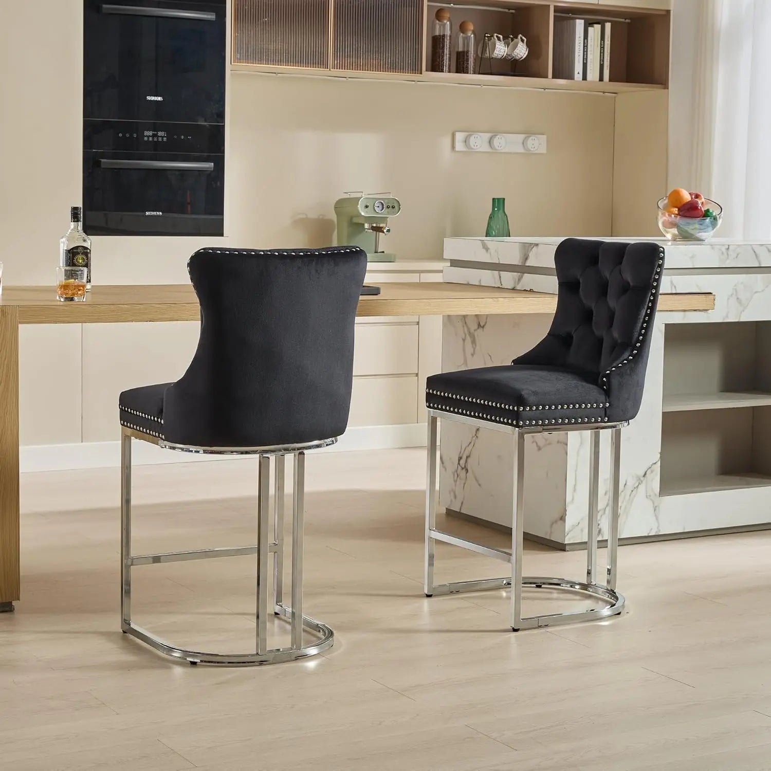 26” Velvet Upholstered Bar Stools Set of 4, Counter Height Bar Chairs with Button Back, Nailhead Rivet Trim, Chrome, Customized