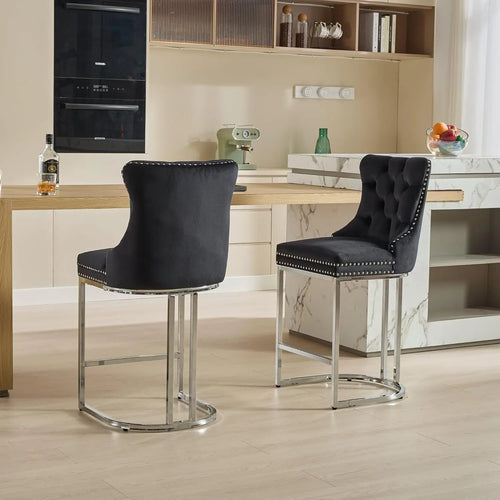 26” Velvet Upholstered Bar Stools Set of 4, Counter Height Bar Chairs with Button Back, Nailhead Rivet Trim, Chrome, Customized