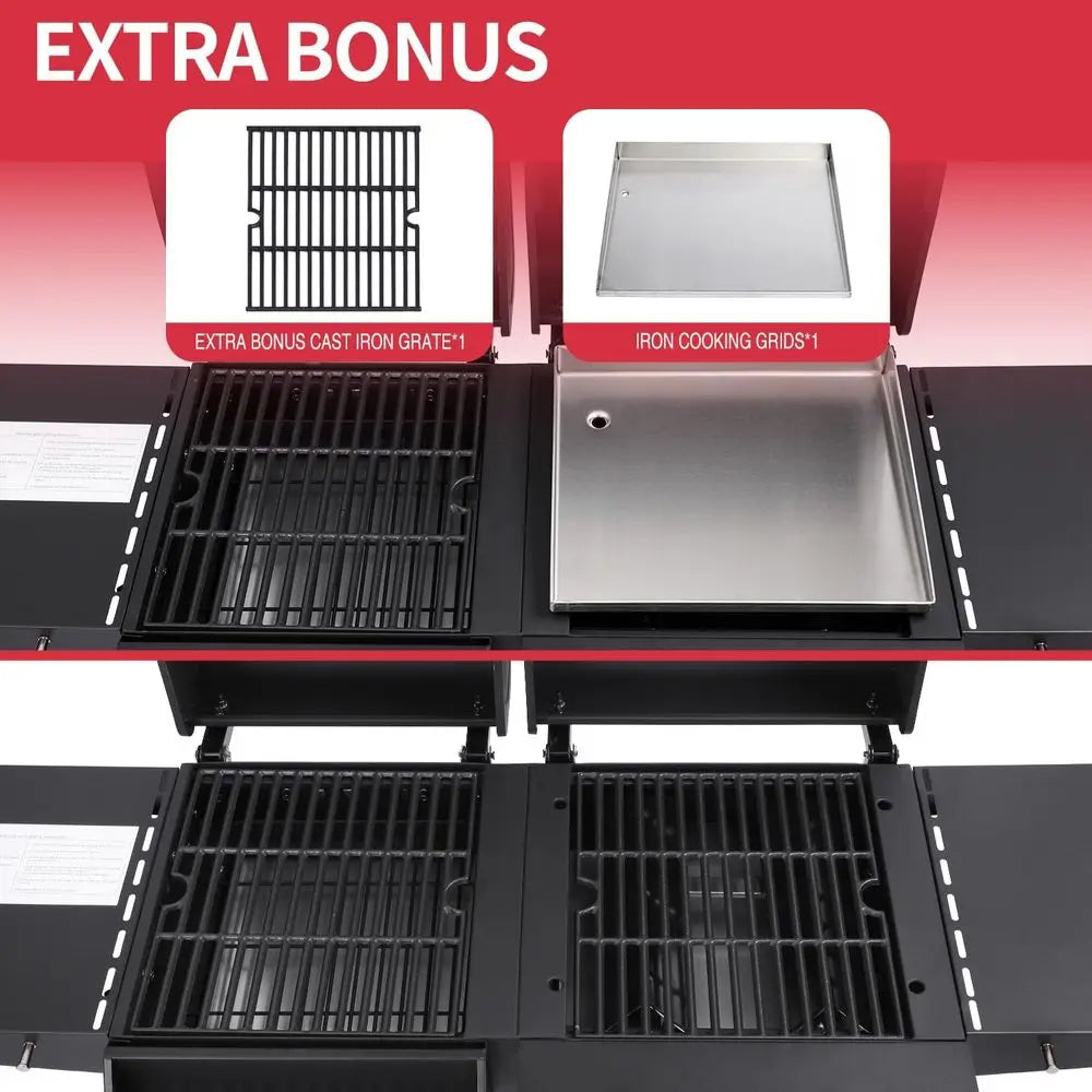 Charcoal and 2-Burner Propane Gas Combo Grill with Stainless Steel Griddle & Porcelain-enameled Cast Iron Grates, Dual Fuel BBQ