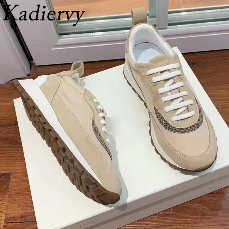 Spring Autumn Sneakers Women Lace Up Round Toe Flat Shoes Lady Suede Leather Patchwork Casual Comfort Outdoor Sports Shoes Woman