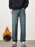 Fleece Men's Straight Jeans Winter Baggy Thick Warm Fashion Korea Plush Wide Denim Pants Casual Male Thermal Trousers