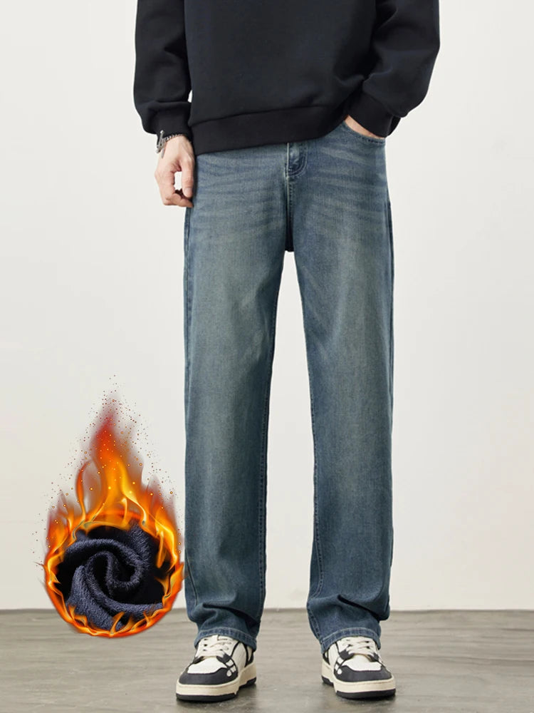 Fleece Men's Straight Jeans Winter Baggy Thick Warm Fashion Korea Plush Wide Denim Pants Casual Male Thermal Trousers