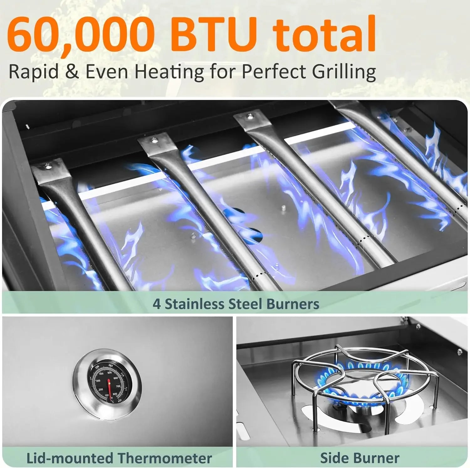 Propane Gas Grill 4 Burners with Side Burner, Stainless Steel Grill Cart with Wheels for Outdoor Patio Garden Backyard Cooking b