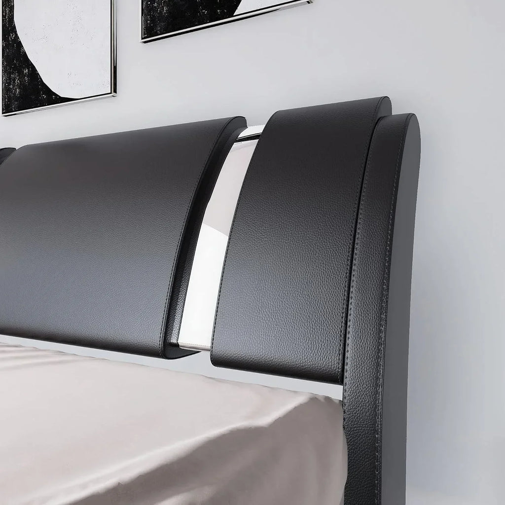 Queen size bed frame with iron sheet decoration, artificial leather cushioned platform bed with adjustable headboard, black