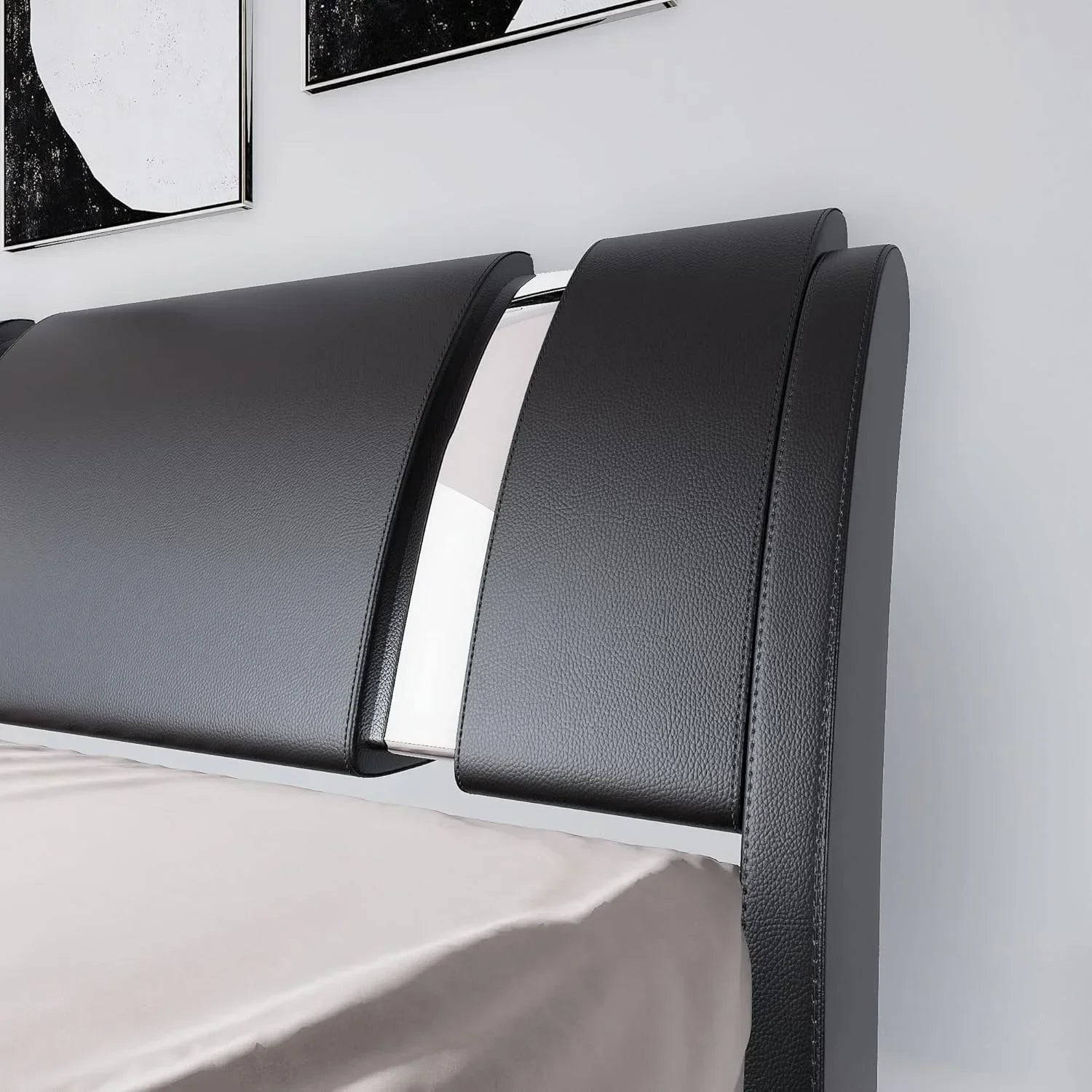 Queen size bed frame with iron sheet decoration, artificial leather cushioned platform bed with adjustable headboard, black