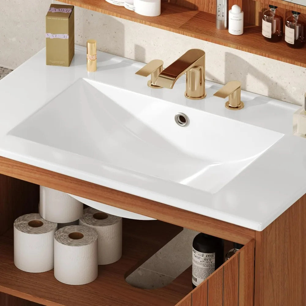 Bathroom Vanity with Sink and Wooden Organizer featuring Adjustable Shelves and Soft-Close Doors