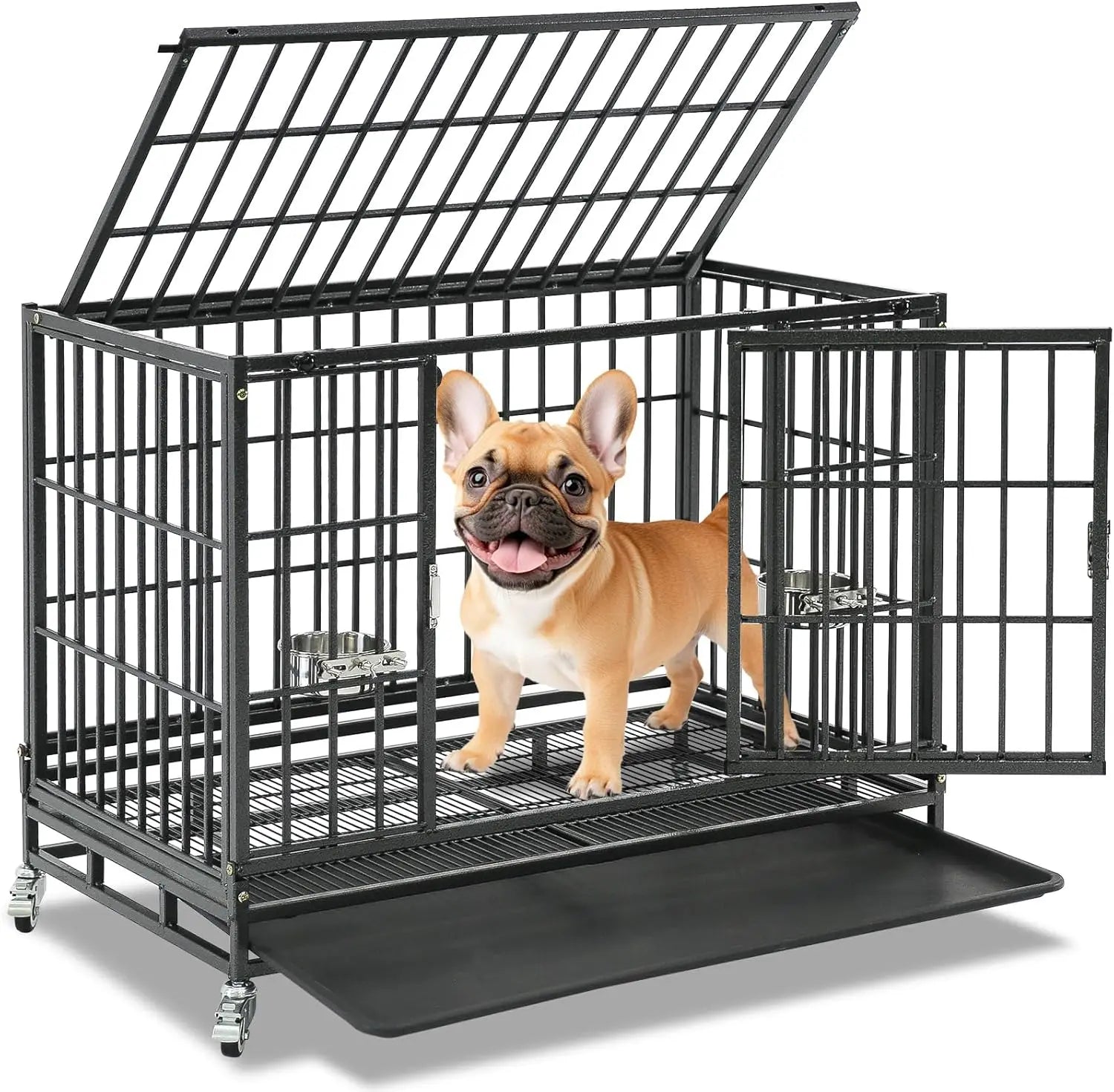 37 Inch Heavy Duty Stackable Dog Crate with Wheels, Escape-Proof Lock, Removable Tray for Medium/Small Dogs