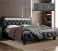 Faux Leather Platform Bed Frame with LED Light And Charging Station Handcrafted Crystal Button Adjustable Headboard Queen Size