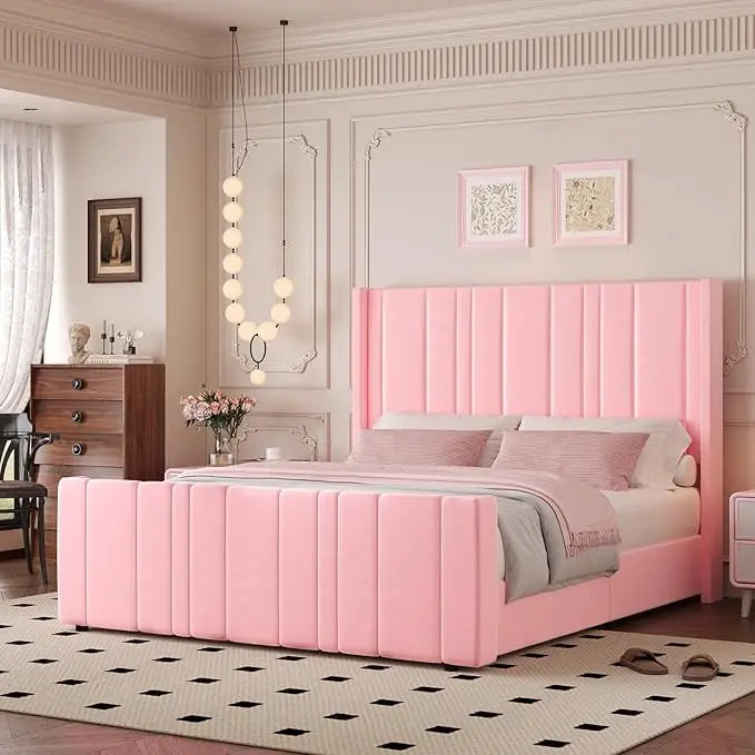 Queen Bed Frame Pink Upholstered Bed with Vertical Channel Tufted Headboard & 22" Footboard, Noise Free/Wooden Slats，Customized