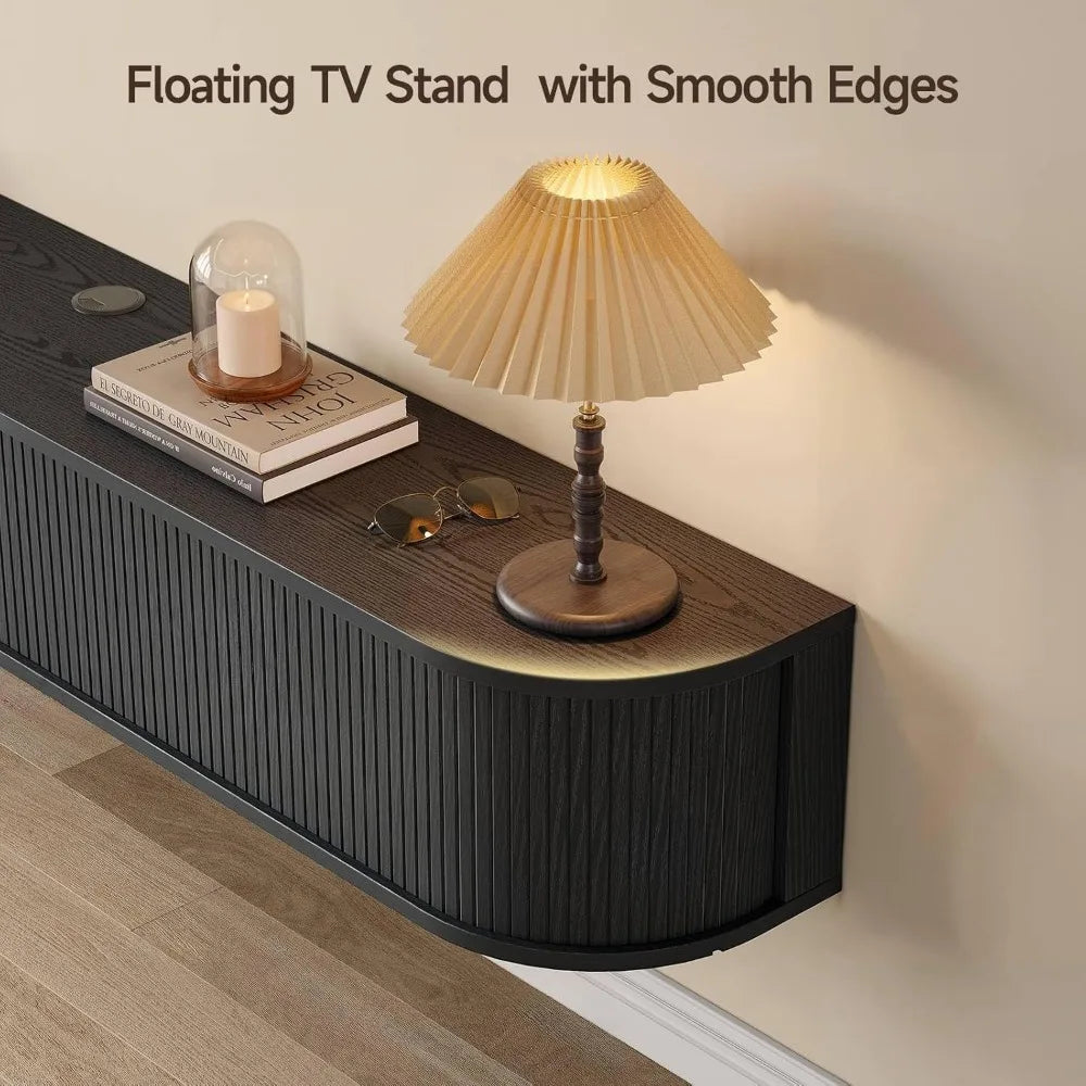 75-Inch TV Floating Stand with Built-In Power Outlet, LED Light Remote Control Fluted Entertainment Center, Mid-Century Modern S