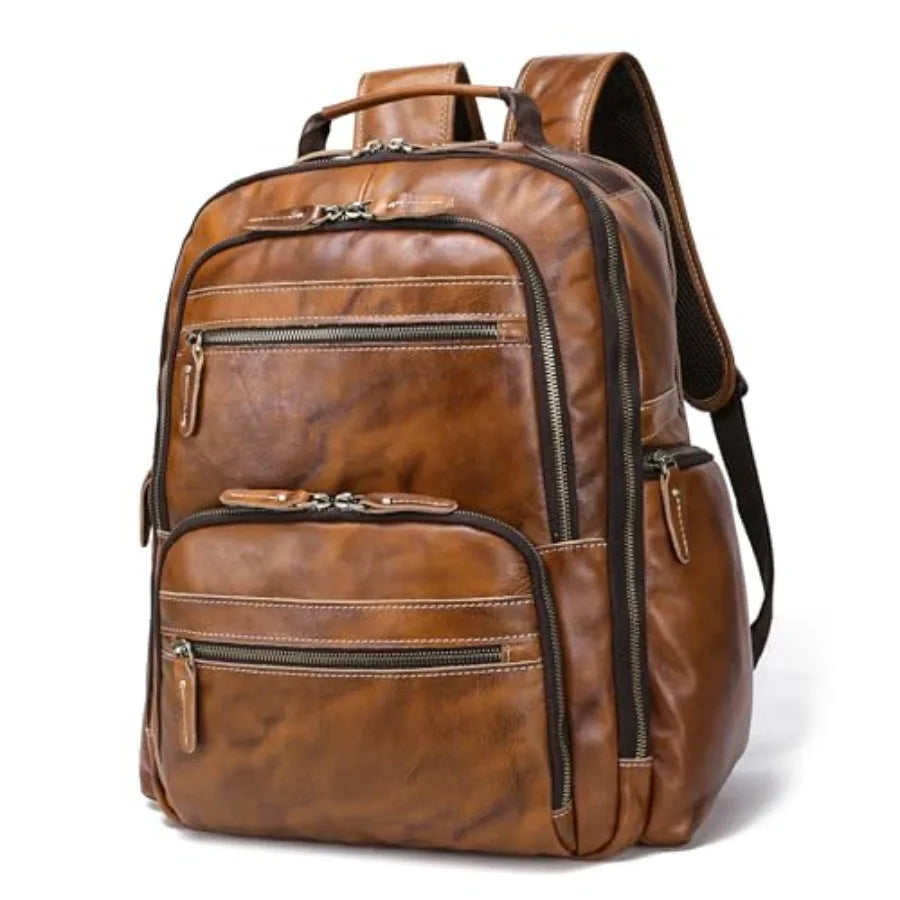 LANNSYNE Vintage Mens Full Grain Leather Backpack Fits 17.3 Inch Laptop Large Casual Rucksack Shoulder Bag For Travel/Camping/H