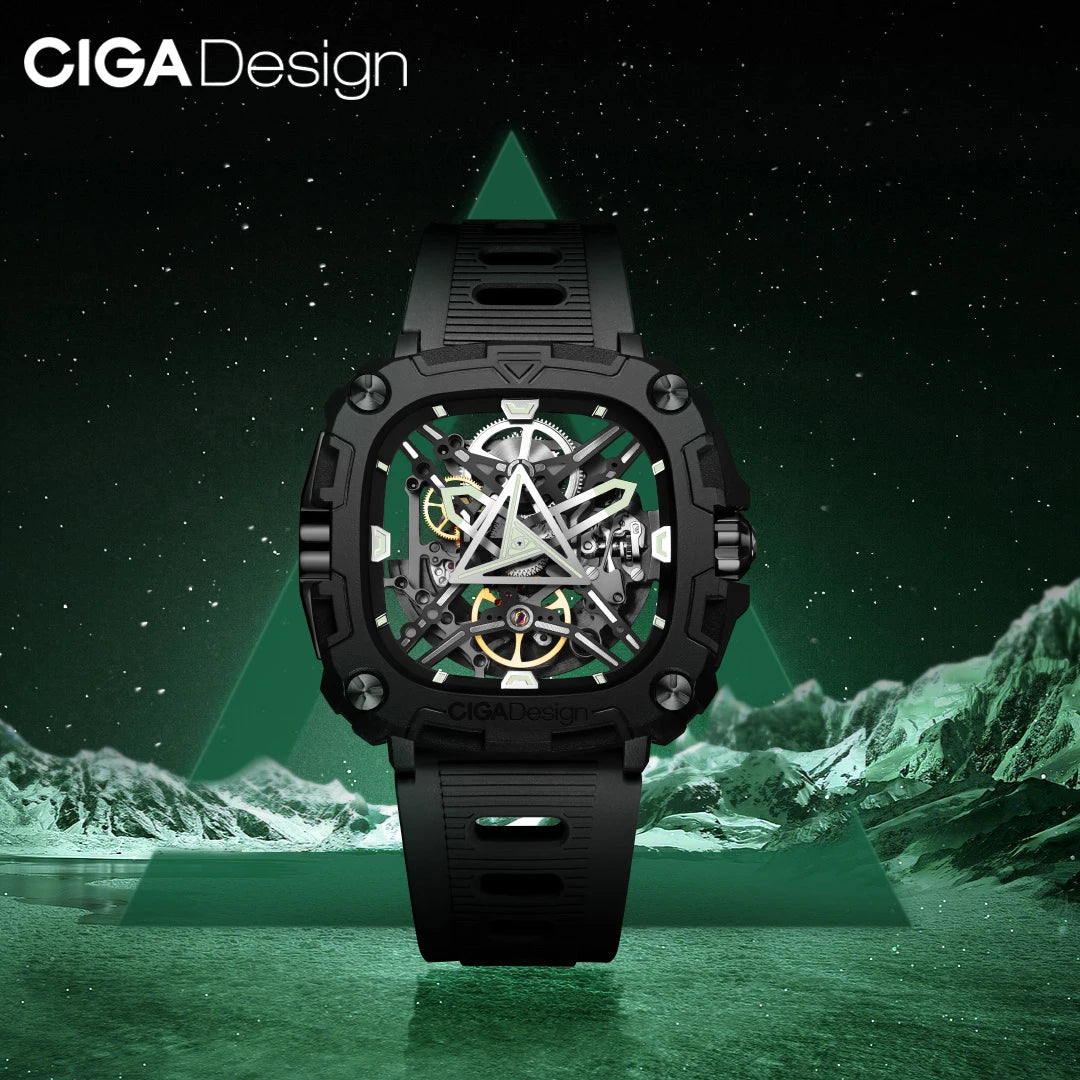 CIGA Design Skeleton Watches Luminous Automatic Movement 2024 Series X Eye Of Horus Fashion Male Black Mechanical Wrist Watch