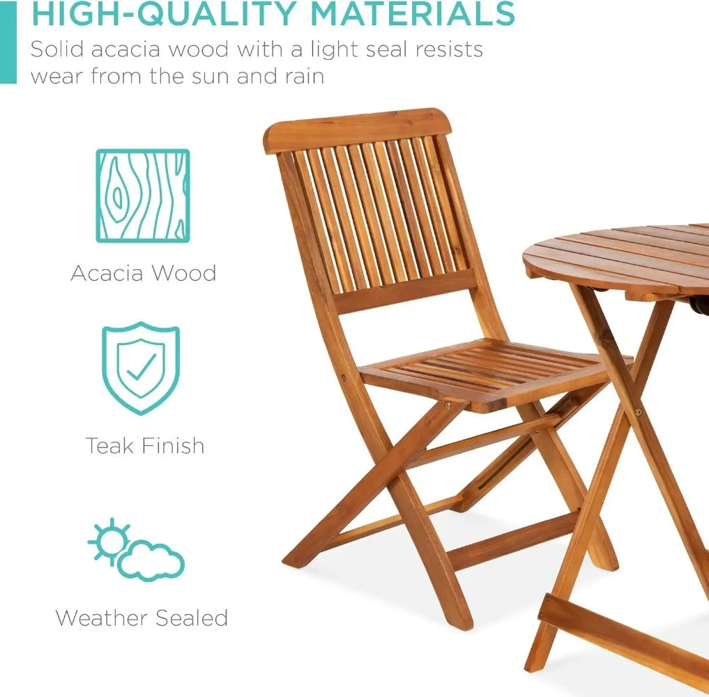 Products 3-Piece Acacia Wood Bistro Set, Folding Patio Furniture for Backyard, Balcony, Deck w/ 2 Chairs, Round Coffee Table,
