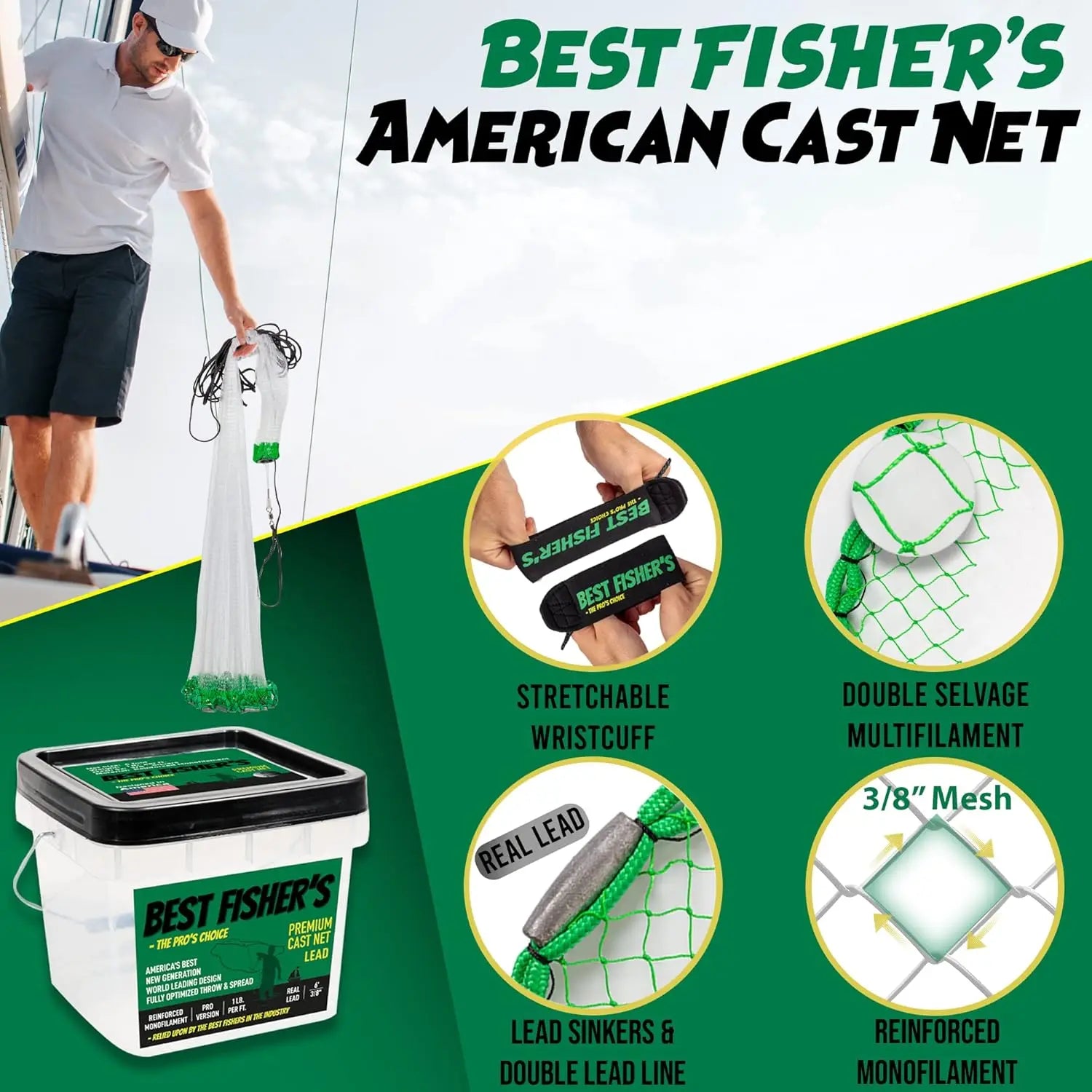 Premium Cast Nets for Fishing - 4ft to 12ft Sizes, 3/8" Mesh with Lead Weight, Includes E-Book and Utility Box