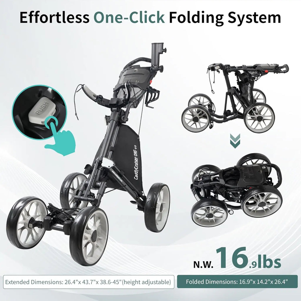 4 Wheel Golf Push Cart - One Click Folding Trolley, Lightweight & Compact Design with Adjustable Handle and Foot Brake