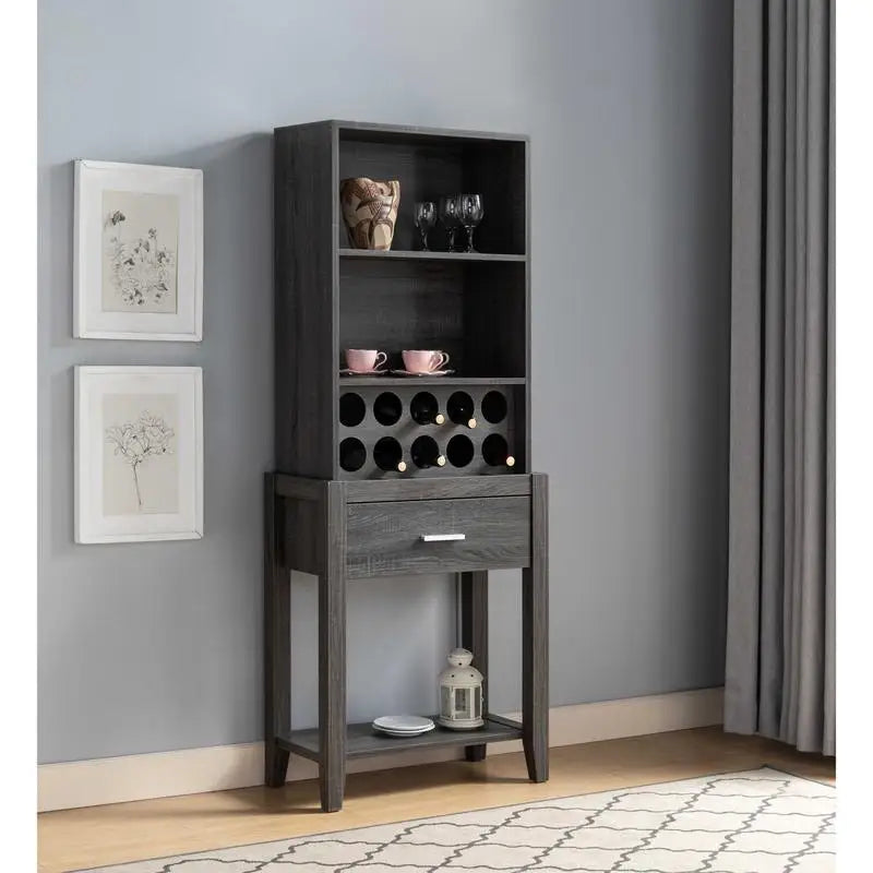 Distressed Grey Wine Bar Cabinet with Drawer & Open Shelves for Kitchen Storage