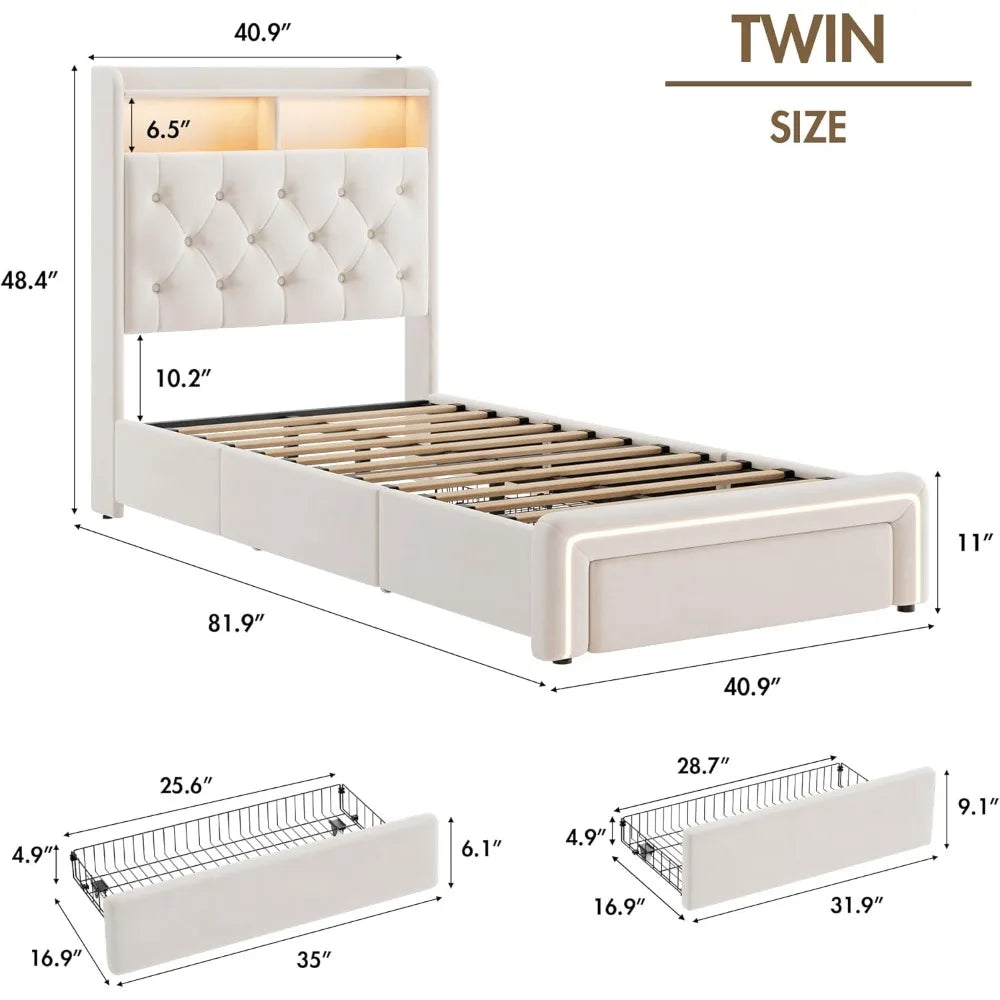 Twin LED Bed Frame with Storage Headboard & Charging Station, Velvet Fabric Platform Bed Frames with 3 Drawers, No Box Spring Ne