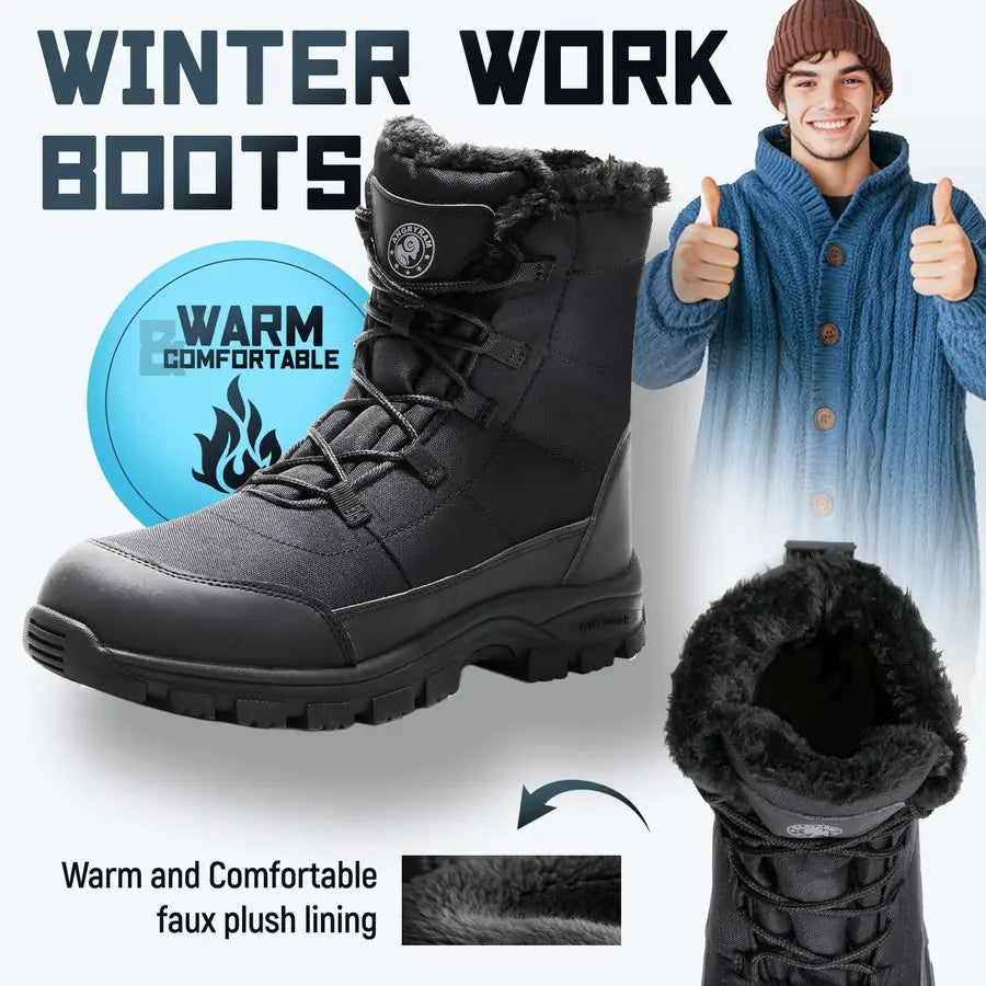Winter Steel Toe Boots for Men Comfortable Slip Resistant Puncture Resistant Indestructive Construction Work Shoes Warm Faux Fur