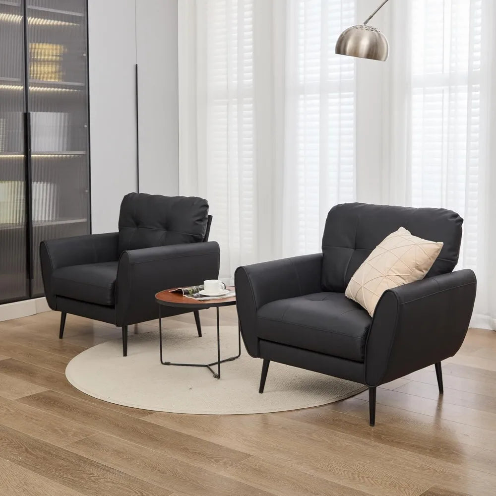 TYBOATLE Accent Chairs Set of 2, Comfy Modern Living Room Chair Black Leather Reading Accent Chairs Tufted Mid Century Arm Chair