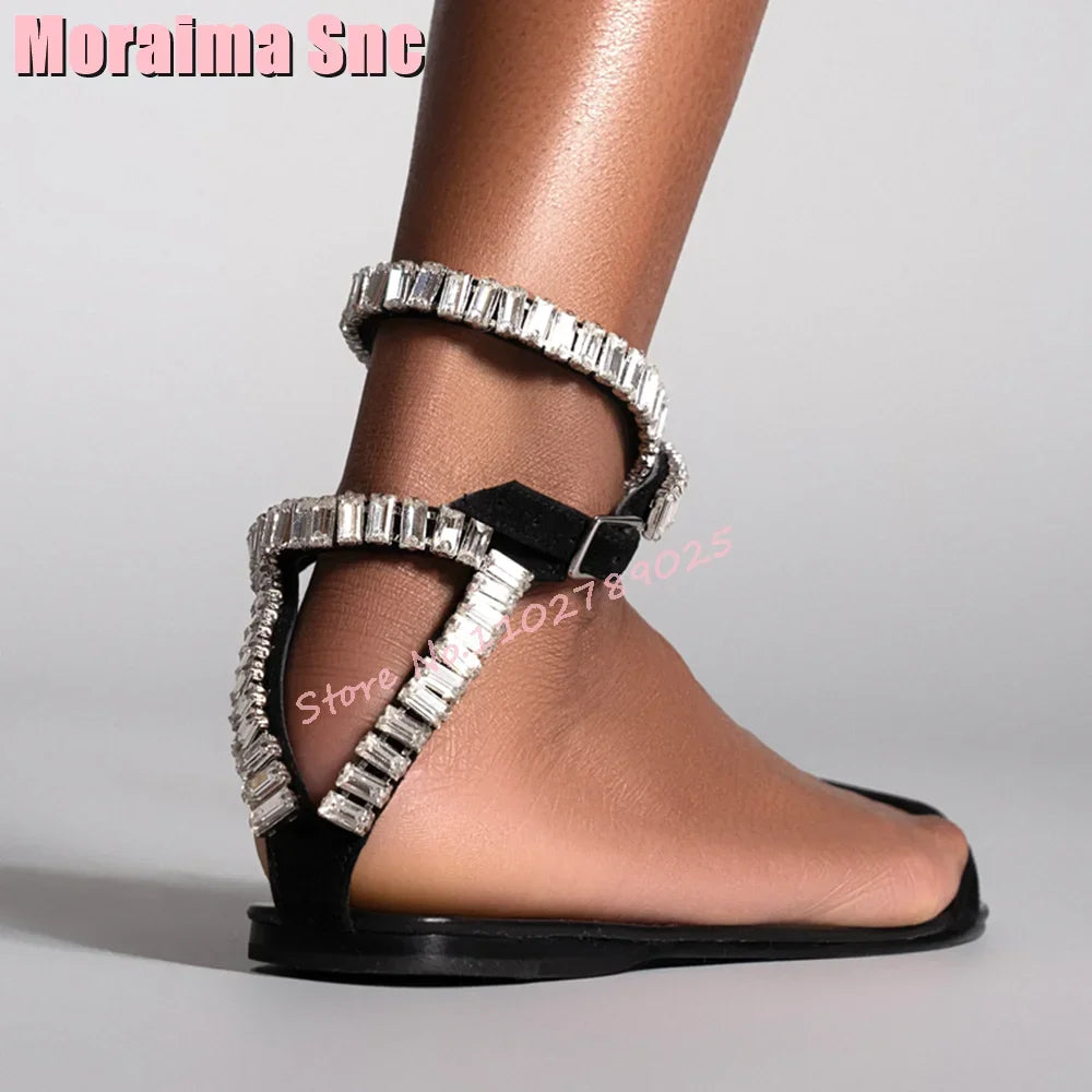 Luxury Crystal Detailing Flat With Sandals Round Open Toe Ankle Buckle Strap Sexy Fashion Women's Dress Shoes 2024 New Black