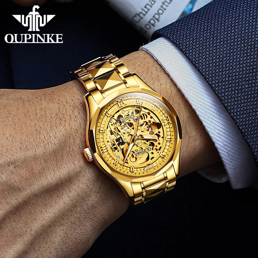 OUPINKE 3209 Men Automatic Watches Top Brand Hollow Skeleton Mechanical Watch For Men Luxury Waterproof Luminous Male Hand Clock
