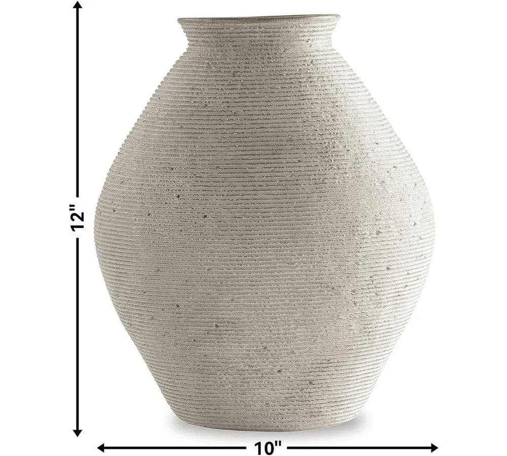 Modern Distressed Polyresin Vase, Antique Tan, Ribbed Texture for Home Decor Centerpiece
