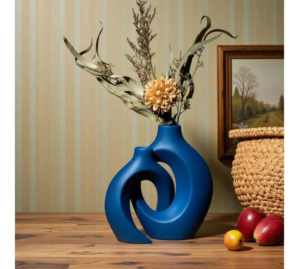 Modern Nordic Ceramic Vase Set of 2, 8.4 Inch Coastal Hollow Design for Pampas Grass Home Decor (Matte Navy Blue)