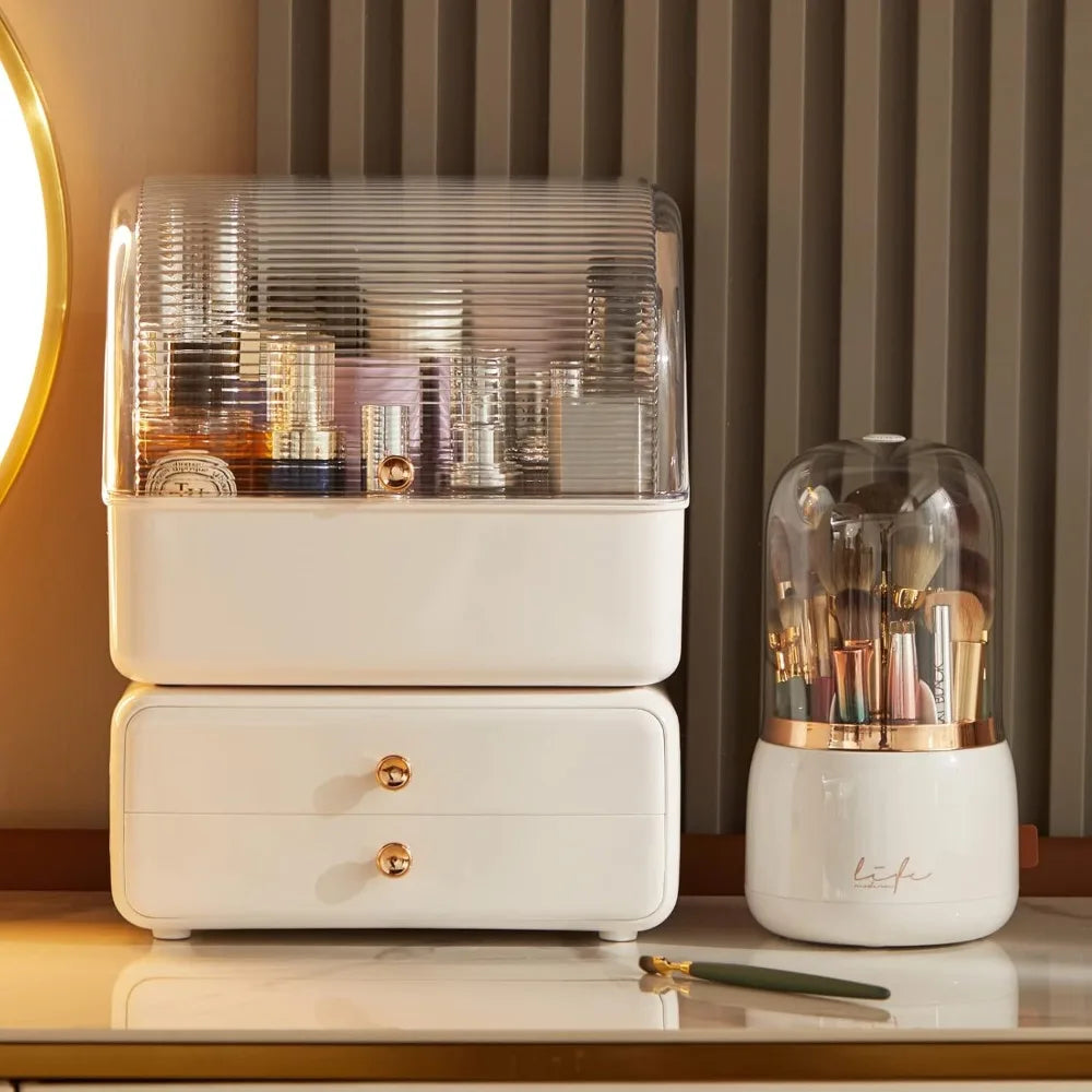 Large Makeup Organizer with Brush Holder, Makeup and Skincare Organizer for Vanity, Cosmetics Skincare Organizers with Lid and