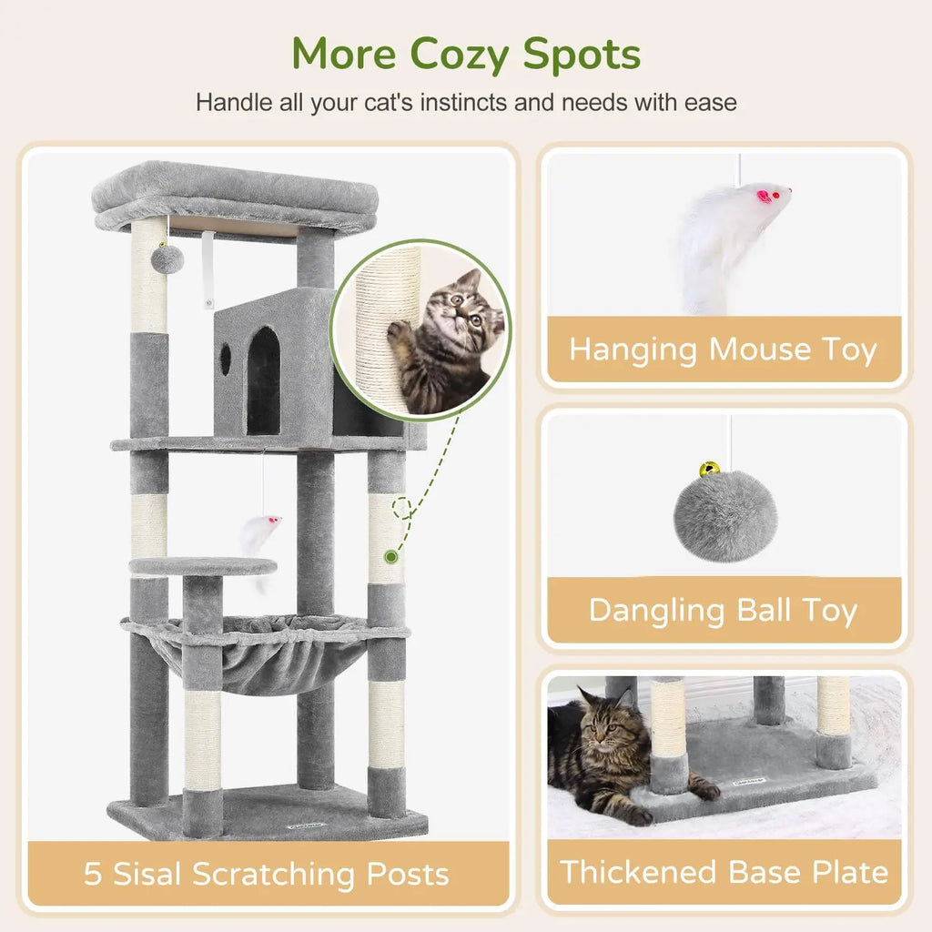 53-Inch Tall Plush Cat Tree Tower with Scratching Post, Hammock, and Cave for Indoor Cats