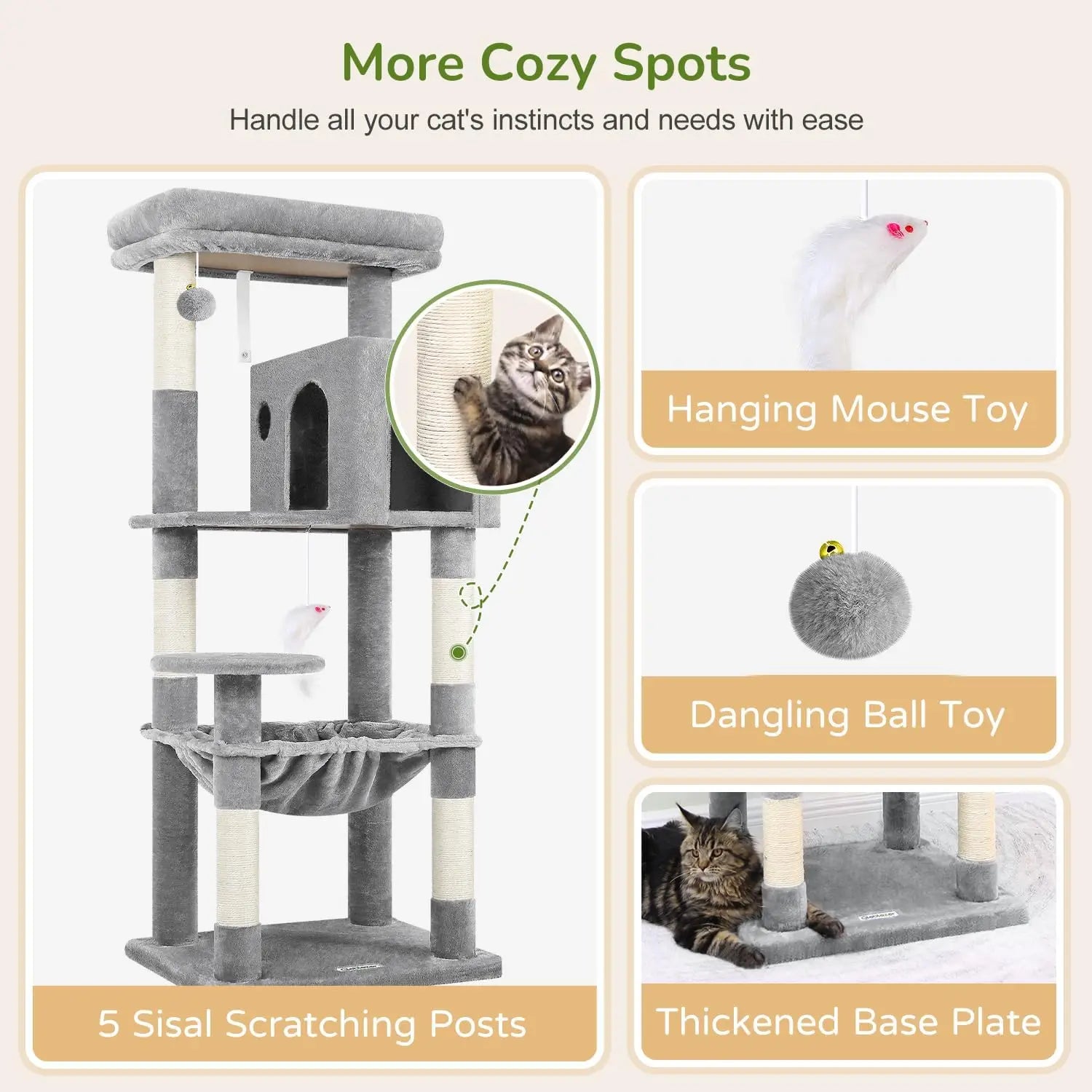 53-Inch Tall Plush Cat Tree Tower with Scratching Post, Hammock, and Cave for Indoor Cats