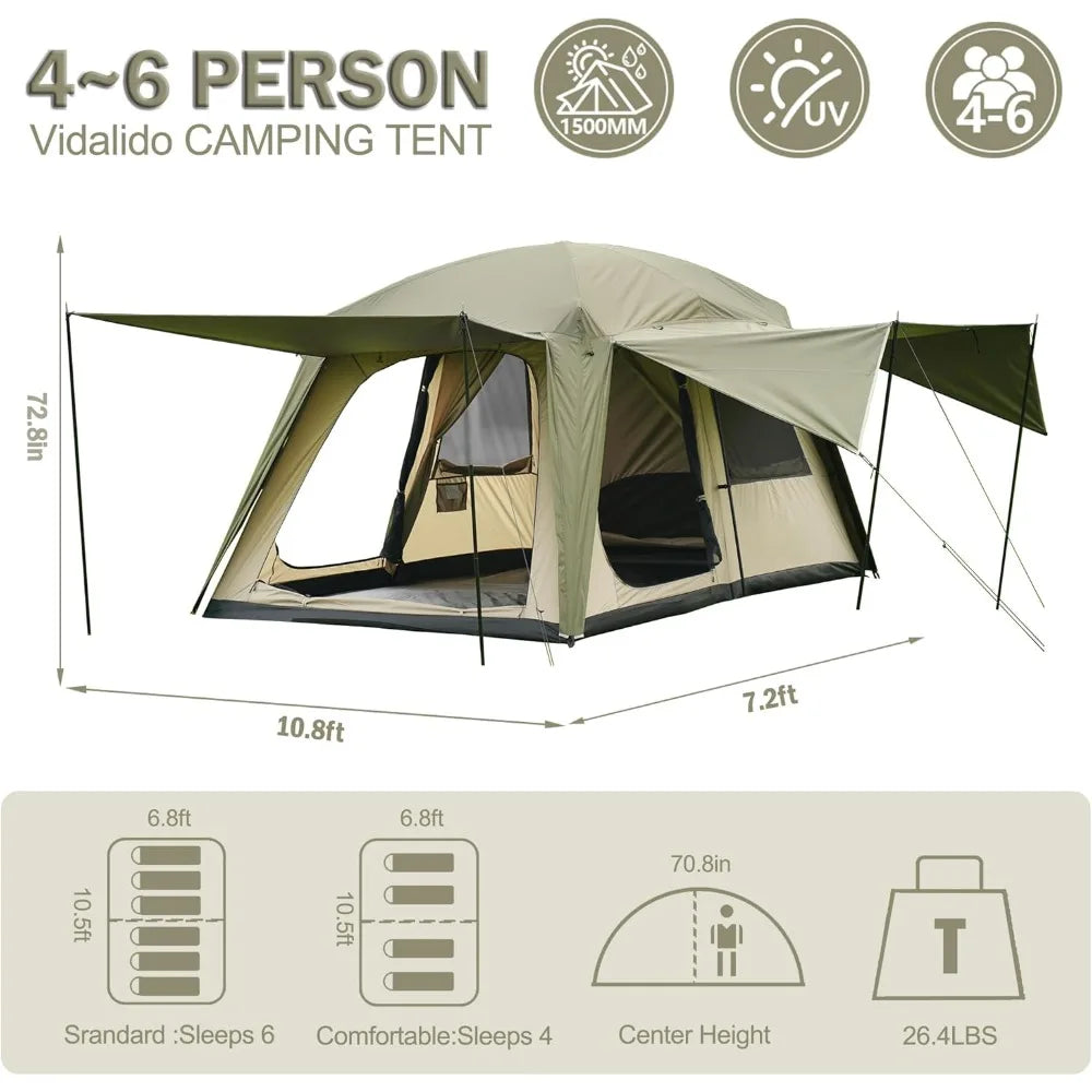 Large Family Cabin Tent for 4-6 People: Waterproof Double Layer Portable Glamping Tent with 3 Doors and 2 Rooms