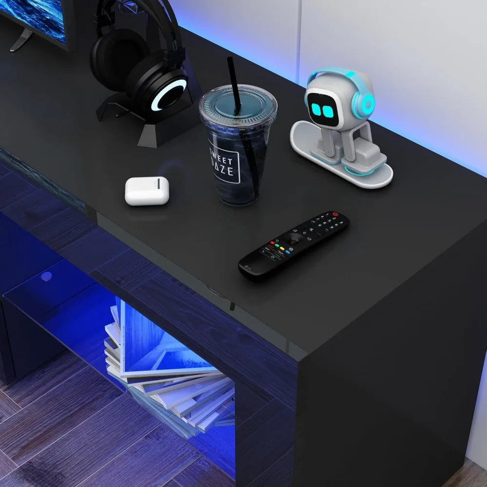 LED TV Stand for 90/100 inch TV, High Glossy Modern Entertainment Center with Drawer and Led Lights, Television Table