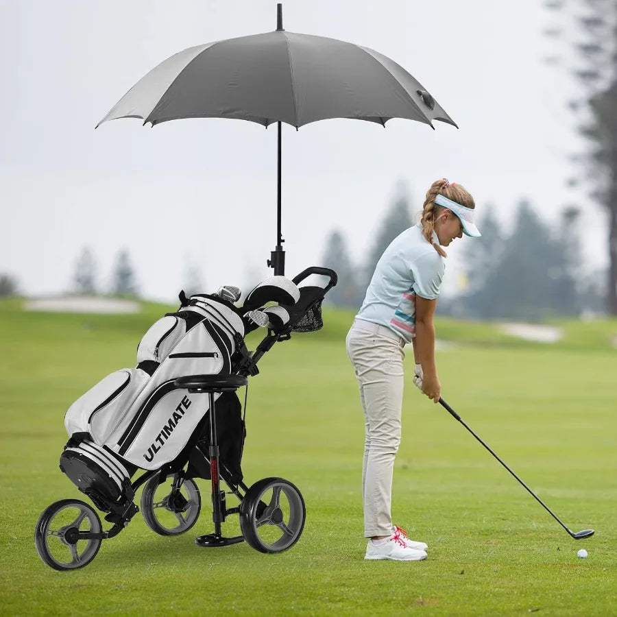 Golf Push Pull Cart with Seat Lightweight Foldable Collapsible 3 Wheels Push Cart Golf Trolley with Foot Brake Adjustable Umbre