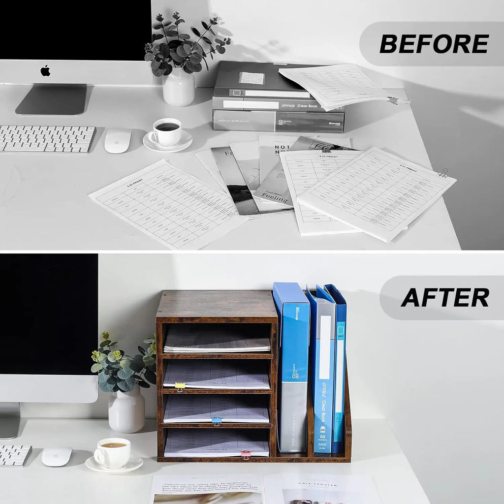 Wooden Desktop File Holder Organizer with Adjustable Compartments for Office Supplies, Brown