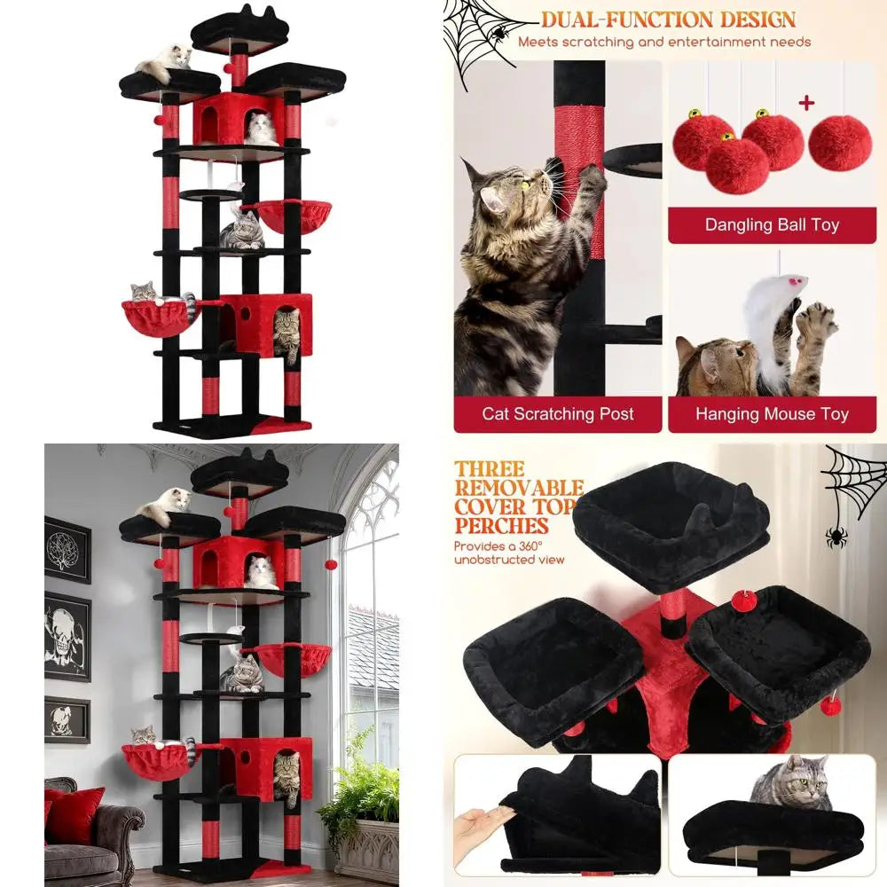 XXL 82-inch Gothic-Style Cat Tower with 3 Perches, 2 Condos, Scratching Post, and Hanging Baskets for Multiple Cats, Black Red