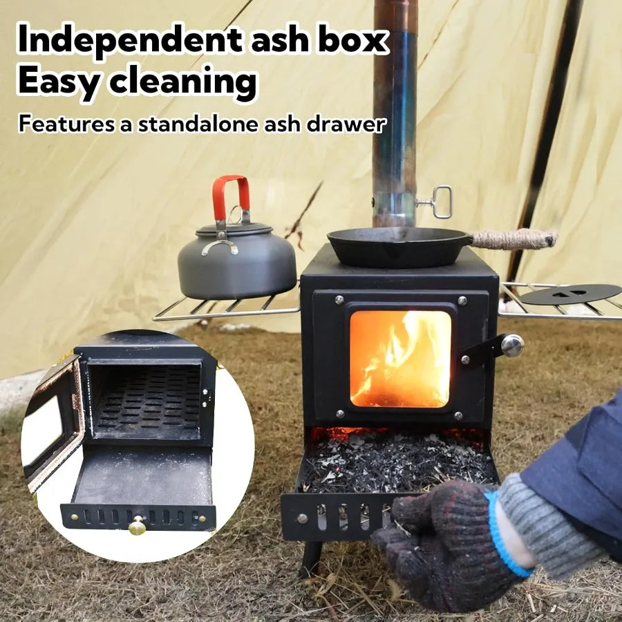 Portable Folding Wood Burning Stove for Tent Camping Heating Outdoor Cooking and Courtyard Use with Chimney Pipes and Spark Arr