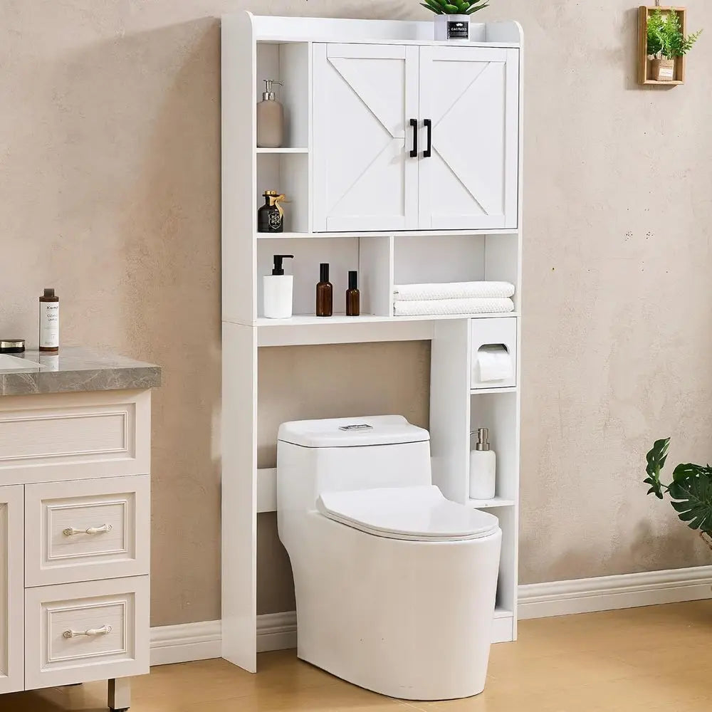 32 Inches Width Farmhouse Storage Cabinet Over Toilet with 2 Barn Door, Toilet Paper Holder Stand, Toilet Rack for Bathroom, Lau