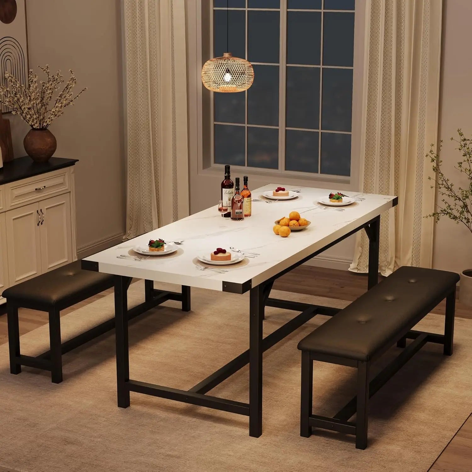 3-Piece Dining Table Set for 4-6 People, Extendable Kitchen Table Set with 2 Upholstered Benches, Dining Room Table, Customized