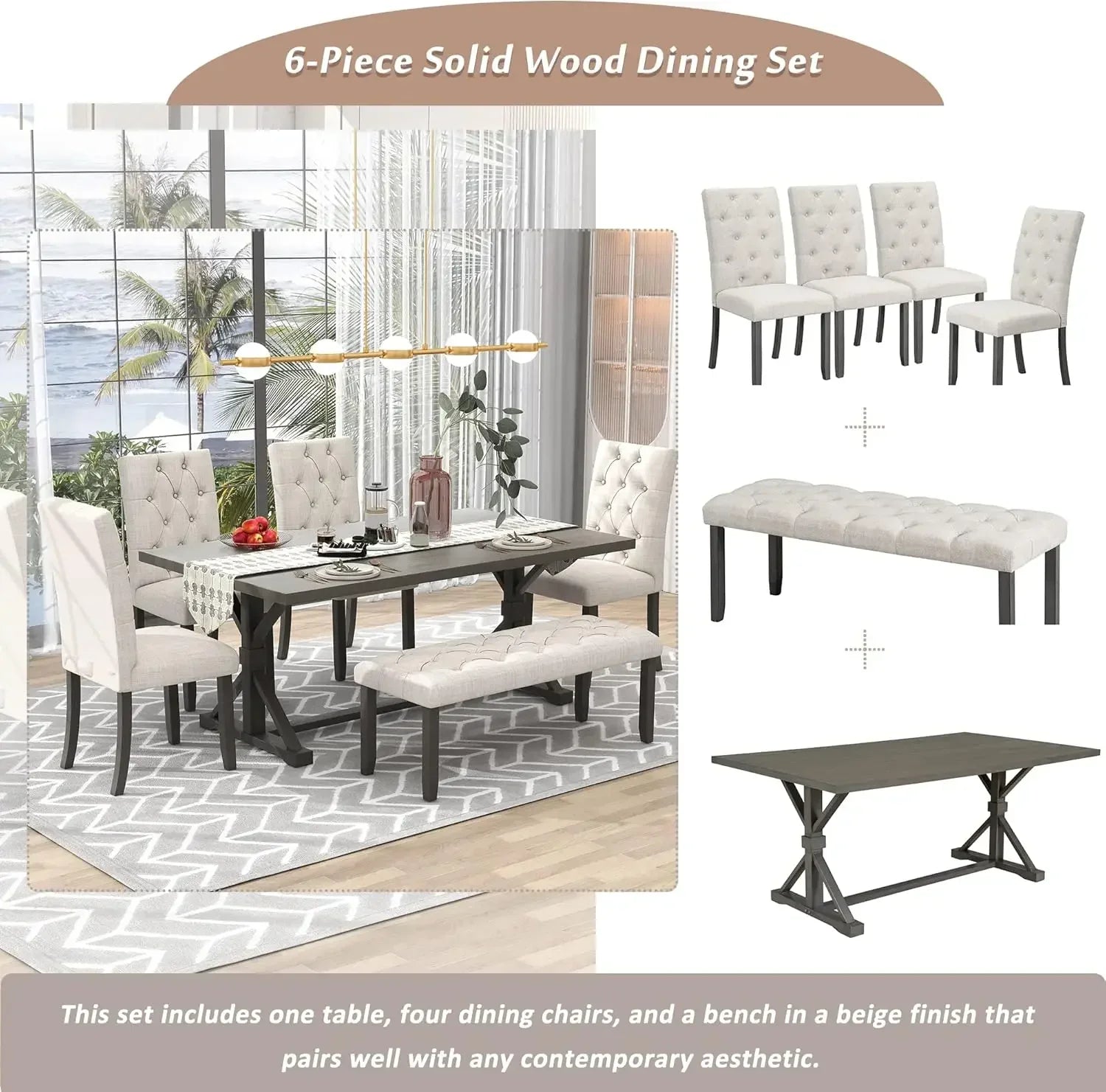 （XMSJ-Hot）6 Piece Kitchen Dining Table Set, 72 inch Wooden Rectangular Table with 4 Upholstered Chairs and a Bench, Dining Room