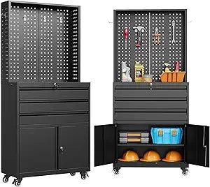 Metal Storage Cabinet with Wheels and Drawers, Rolling Garage Storage Cabinet with Lock, Black Metal Tool Cabinet with Hoo