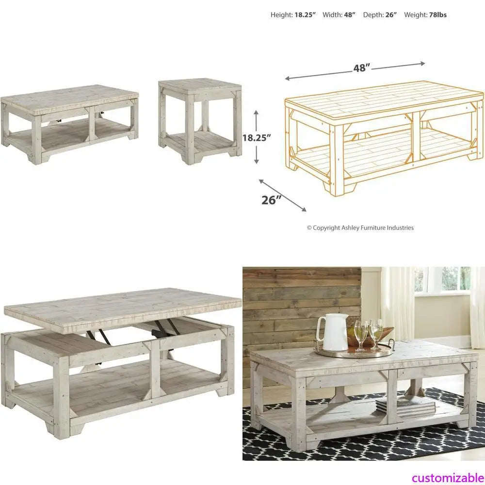 Farmhouse Style Rectangular Coffee Table with Lift Top and Floor Shelf, Whitewash Weathered Finish
