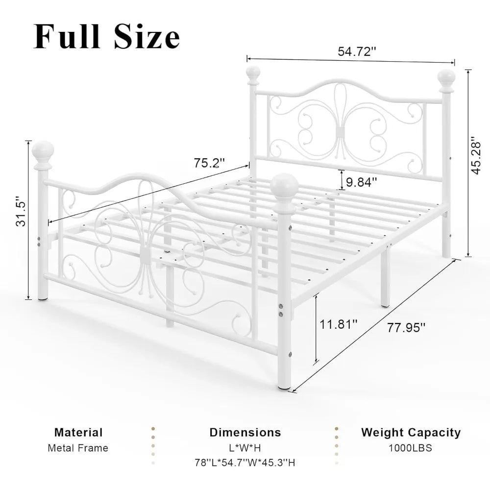 Full Size Bed Frame，Metal Platform Bed Frame with Headboard, Butterfly Pattern Design Headboard & Footboard, Strong Metal Slat S