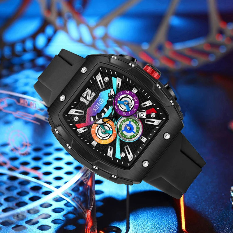 RUIGE Night light three-eyed six-needle silicone strap quartz watch fashion trend leisure gift men's wristwatch