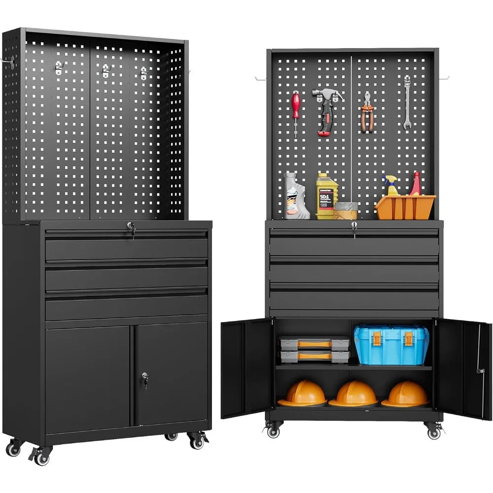 Metal Storage Cabinet with Wheels and Drawers, Rolling Garage Storage Cabinet with Lock, Black Metal Tool Cabinet with Hoo