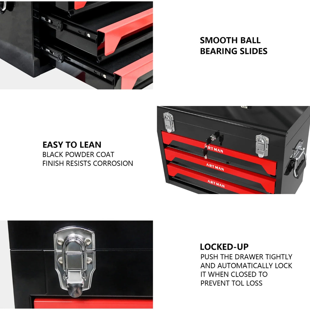 3 Drawer Metal Tool Box,Portable Metal Tool Box with EVC Liner and Lock,tool box organizer,Empty Box,tool chest,garage storage
