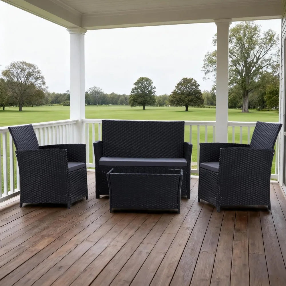 Patio Furniture Set, Outdoor Wicker Conversation Set, Rattan Sectional Sofa Couch with Glass Coffee Table & Thick Cushion