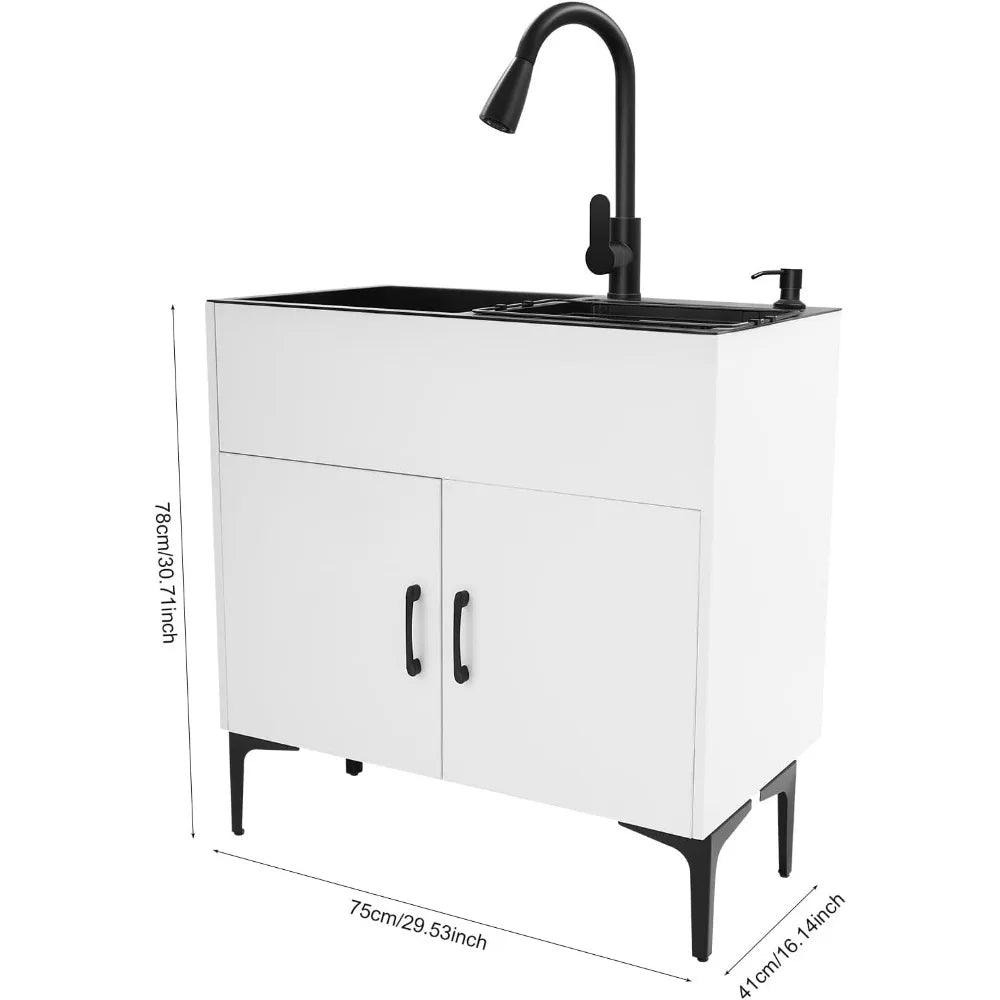 Stainless Steel 30 Laundry Sink Cabinet with Pull-Out Spray Faucet and Soap Dispenser