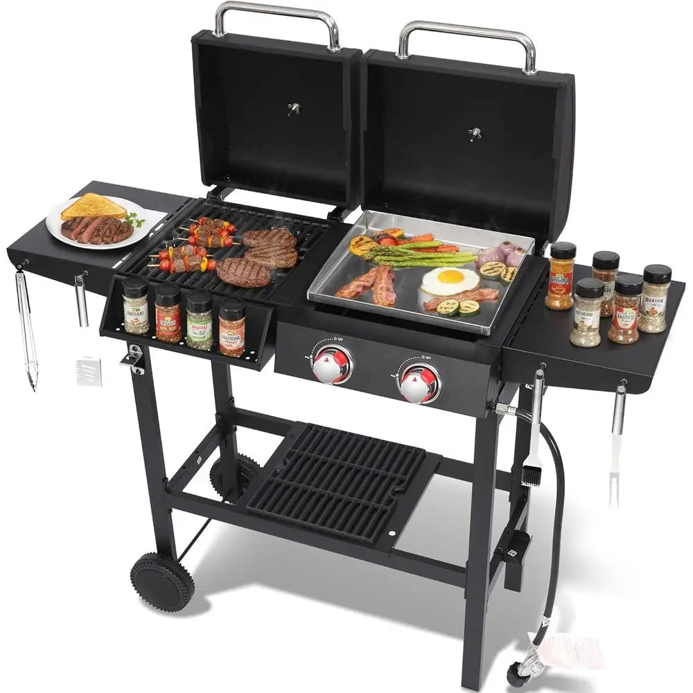 Charcoal and 2-Burner Propane Gas Combo Grill with Stainless Steel Griddle & Porcelain-enameled Cast Iron Grates, Dual Fuel BBQ