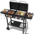 Charcoal and 2-Burner Propane Gas Combo Grill with Stainless Steel Griddle & Porcelain-enameled Cast Iron Grates, Dual Fuel BBQ