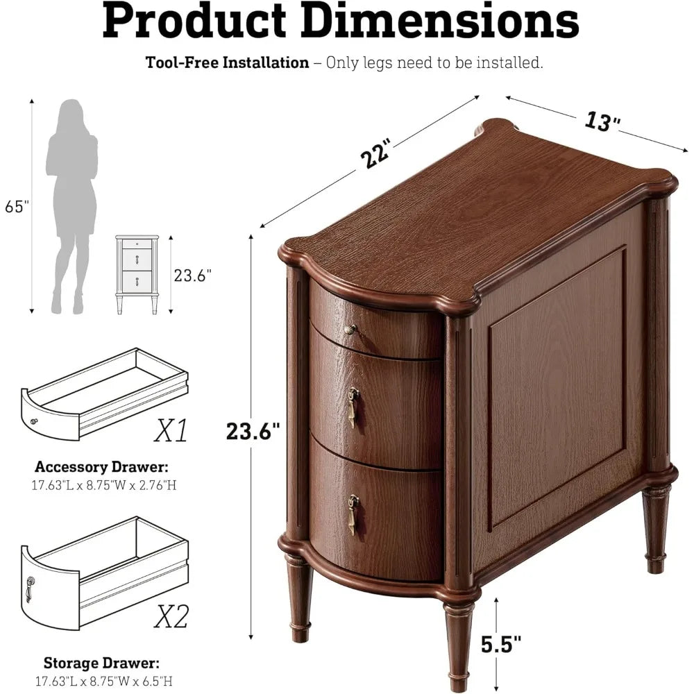 Vintage 3-Drawer Nightstand with Charging Station and Antique-Style Hardware, Pre-Assembled Rustic Wood Finish